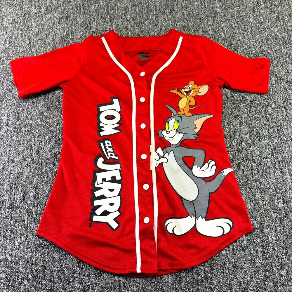 Tom and Jerry Baseball Jersey Womens Medium Red Mesh Graphic Print Curved Hem